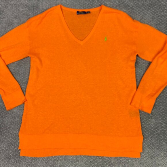 Polo Ralph Lauren Cotton Linen Blend Sweater Womens XL Orange Lightweight Hi Low - Picture 1 of 13